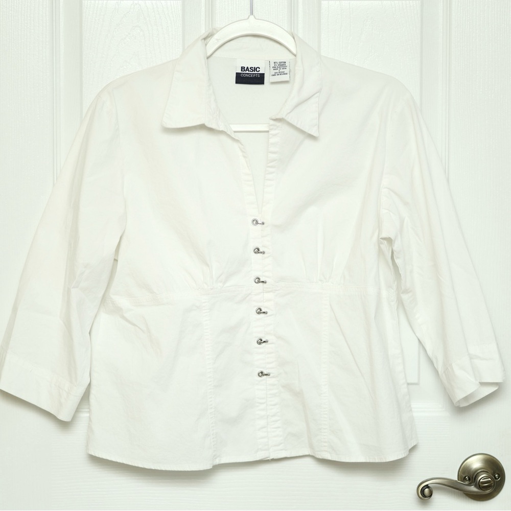 Y2K Basic Editions Cotton Spandex White Button-Up Hook Detail Babydoll Shirt